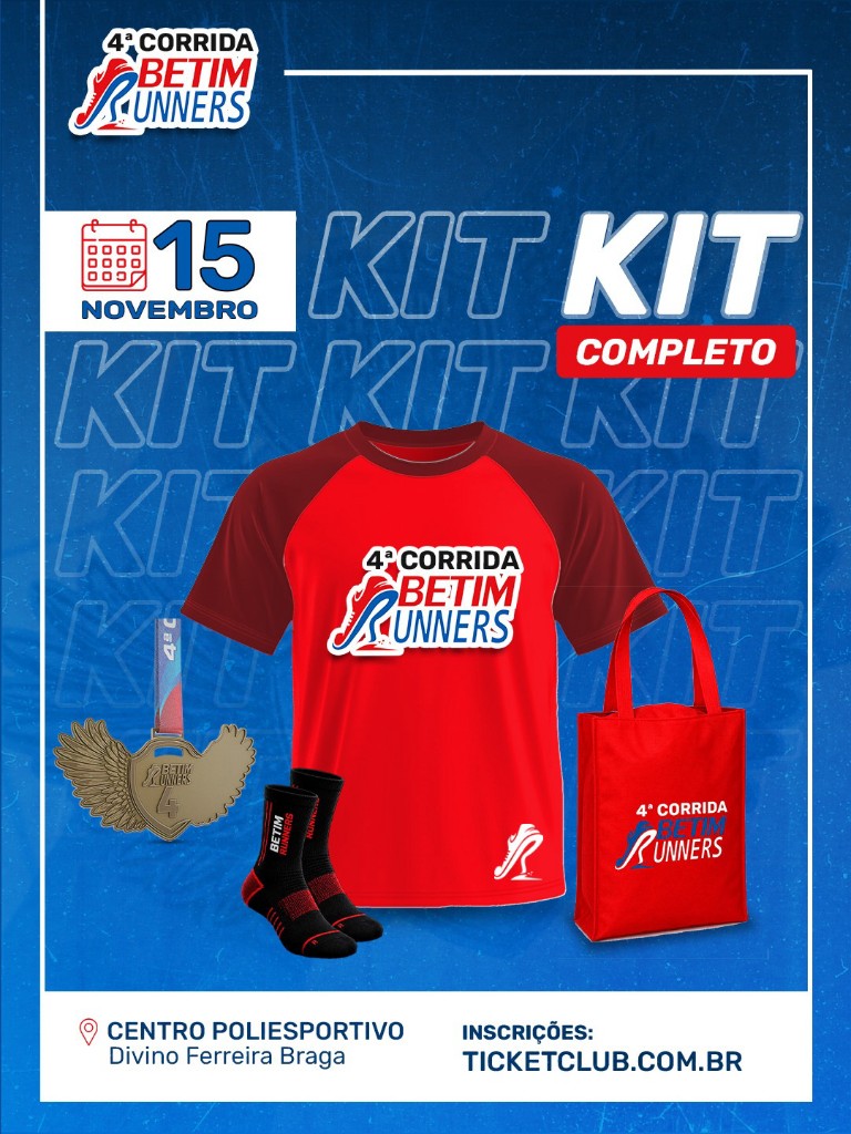Kit completo da 4ª Corrida Betim Runners — camiseta, sacola, meias e medalha